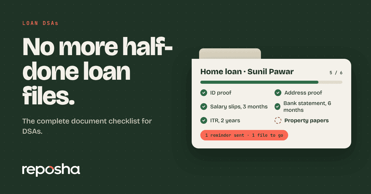 Loan file checklist with ticked items beside a phone showing an upload link