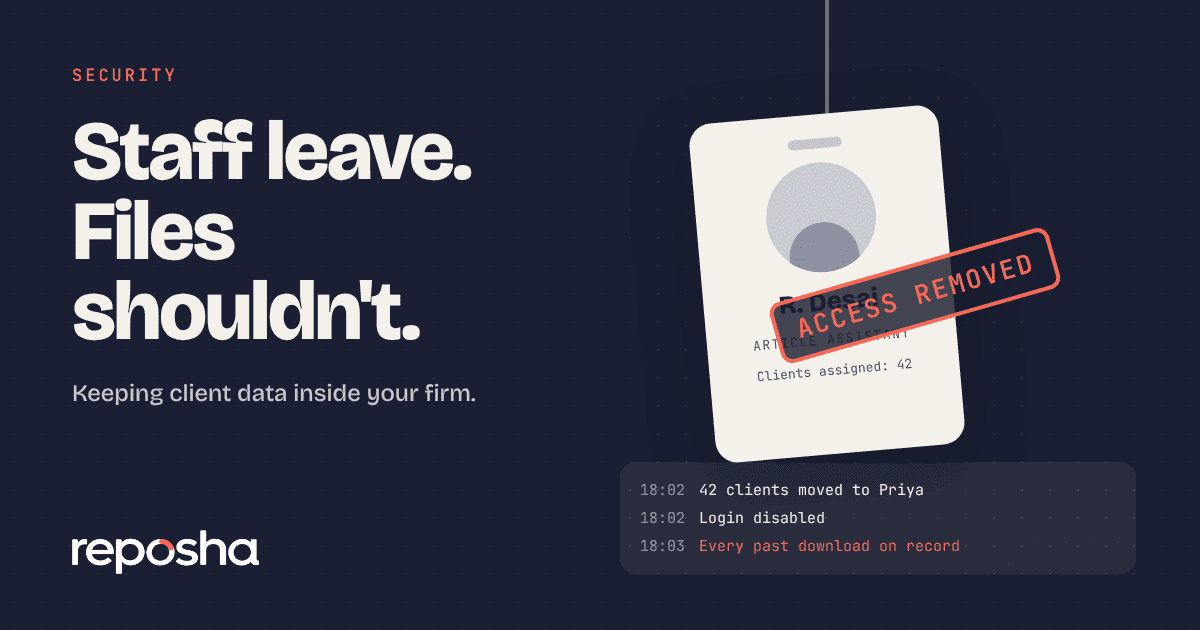 Employee leaving an office with a bag while client folders stay locked in a cabinet
