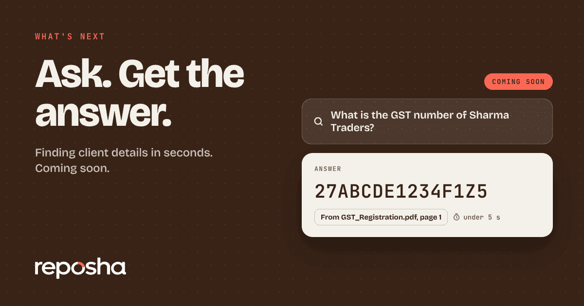 Search box above a client folder with a highlighted GST number and the page it came from